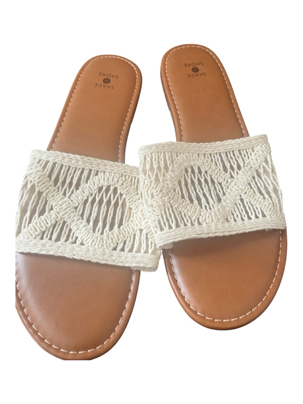 Shade & Shore Cream Macramé Slide Sandals with Tan Footbed